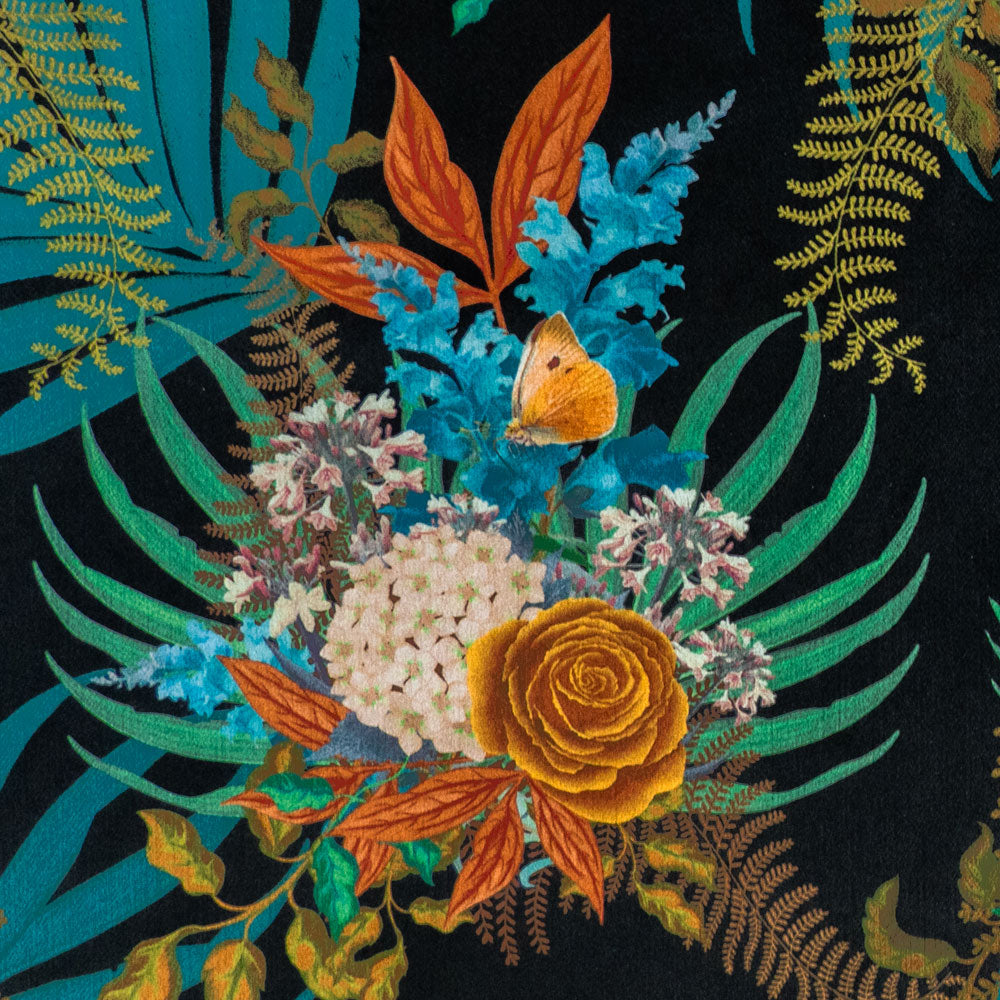 Close-up of the Flowers on Wild Blooms black patterned velvet upholstery fabric