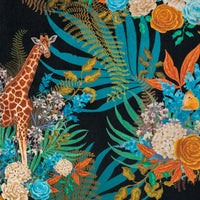 Detail of the giraffe and flowers on black African animal and floral print velvet furnishing fabric