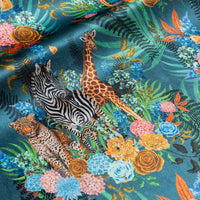 Wild Blooms blue African animal and floral print designer velvet fabric by Becca Who, with leopards, zebras and giraffes among blooming flowers