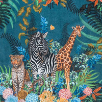 Detail of the zebra, leopard and giraffe  on blue African animal and floral print velvet furnishing fabric