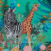 Detail of the giraffe and zebra on green African animal and floral print velvet furnishing fabric