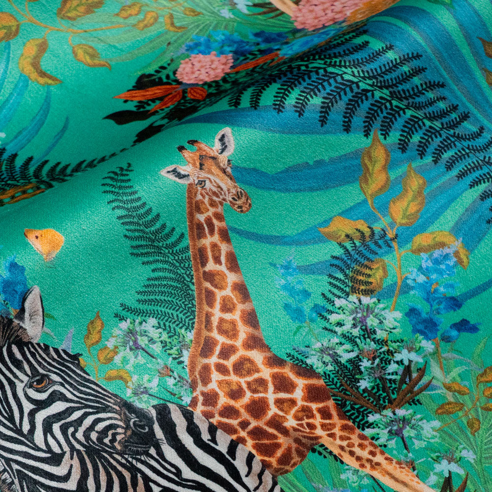 Soft velvet pile and fine print detail on green African animal and floral print fabric