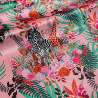 Wild Blooms pink African animal and floral print designer velvet fabric by Becca Who, with leopards, zebras and giraffes among blooming flowers