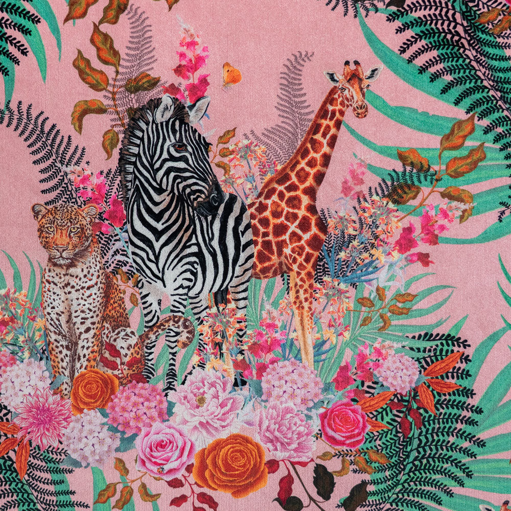 Detail of the artwork on pink African animal and floral print velvet furnishing fabric