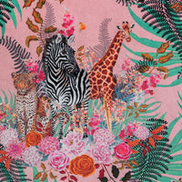 Detail of the artwork on pink African animal and floral print velvet furnishing fabric