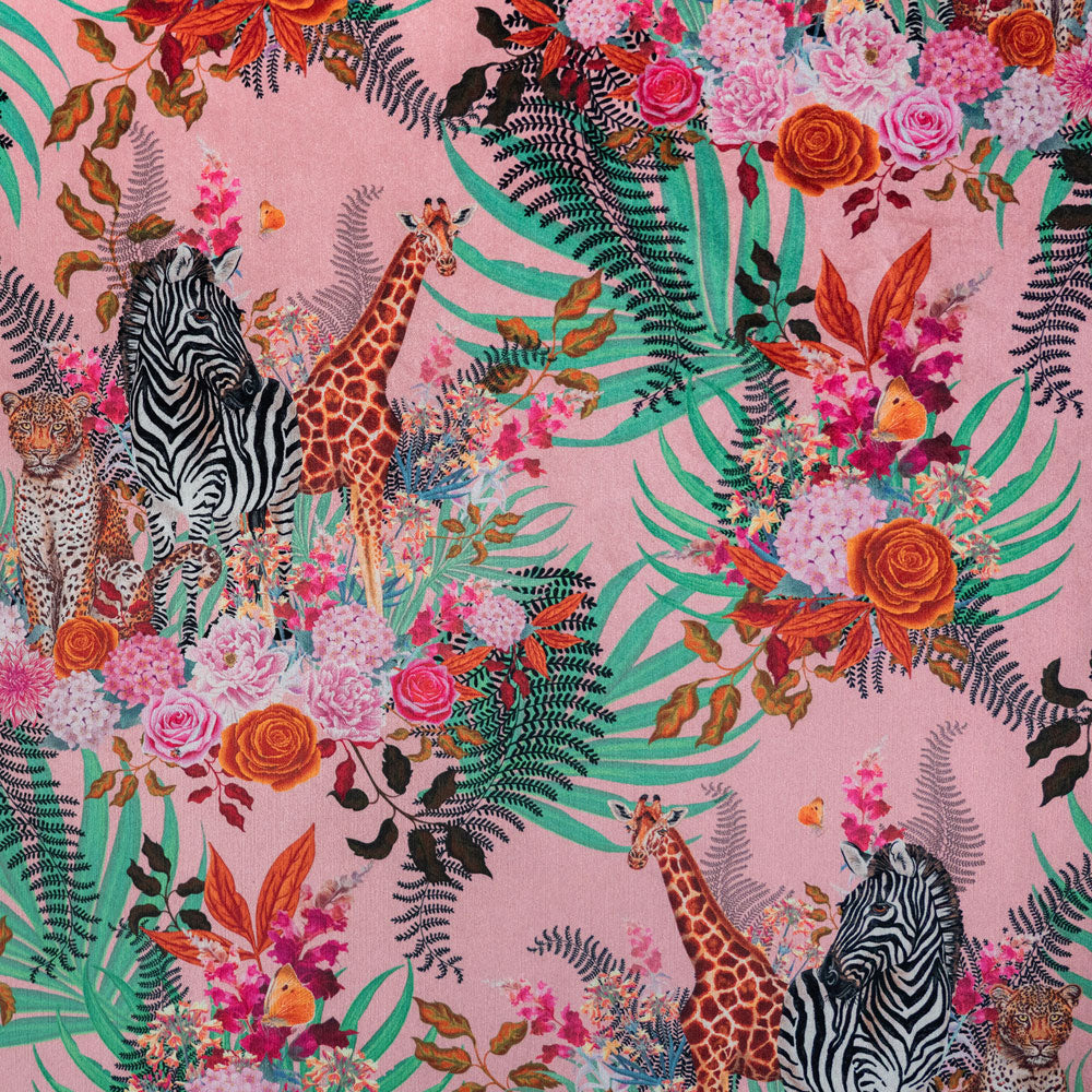 Photo showing pattern on pink African animal and floral print velvet furnishing fabric