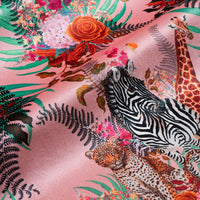 Soft velvet pile and fine print detail on pink African animal and floral print fabric