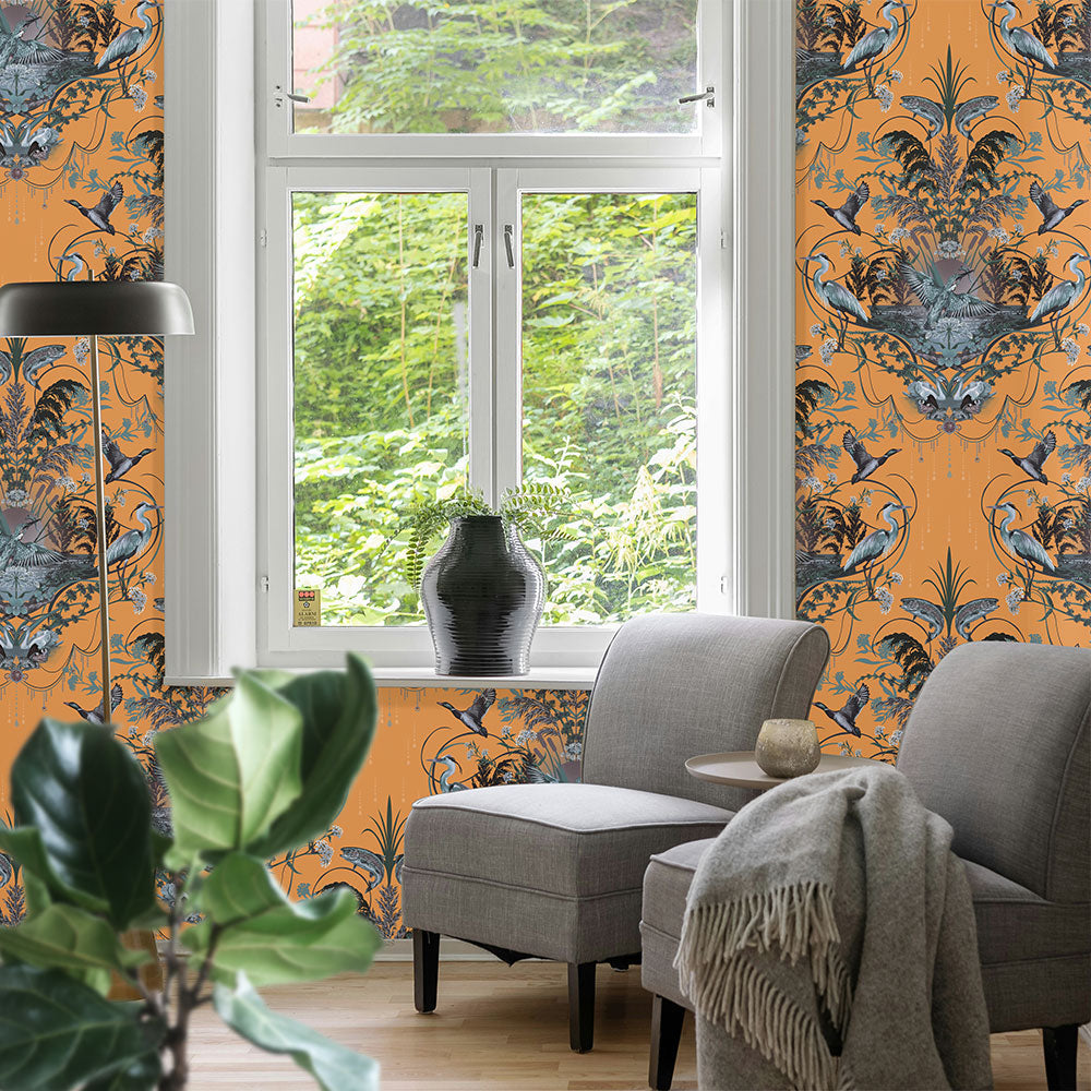 Living room with yellow and blue bold patterned wallpaper