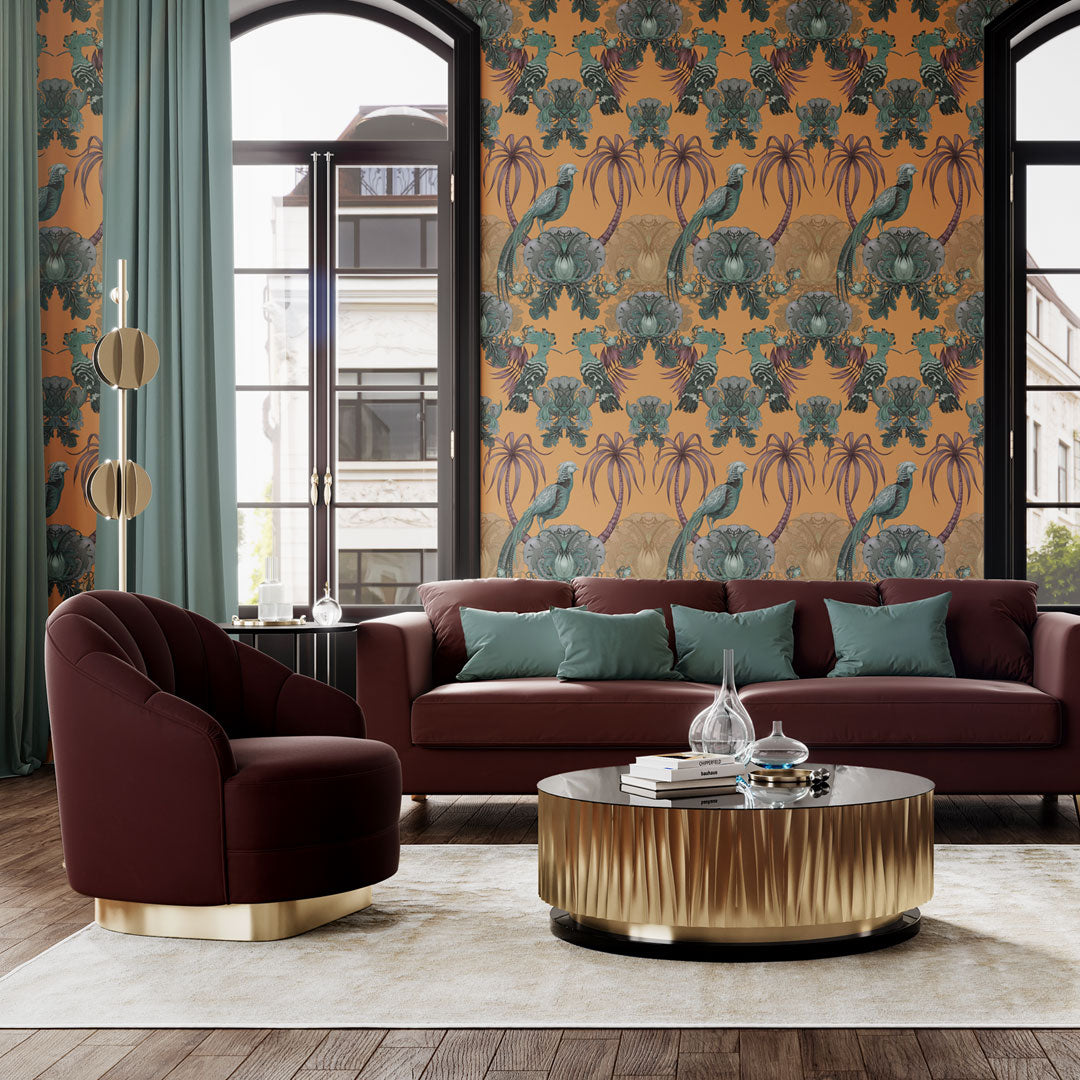 Bold Yellow Statement Wallpaper with English Birds for Luxury Interiors by Designer, Becca Who