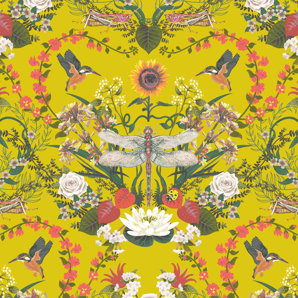 Bright Yellow Dragonfly Floral Pattern Fabric Design by Becca Who