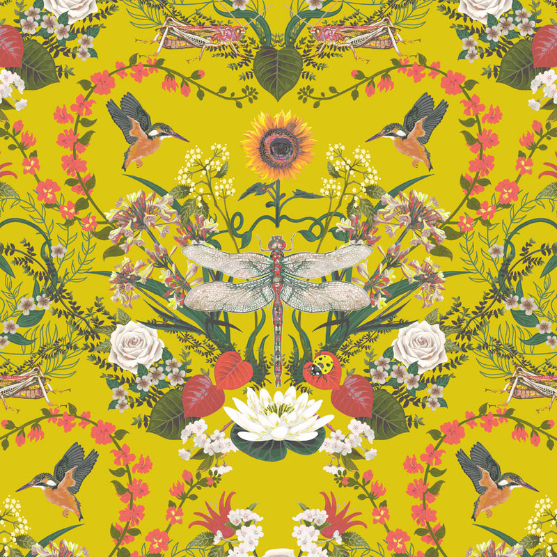 Bright Yellow Dragonfly Floral Pattern Fabric Design by Becca Who