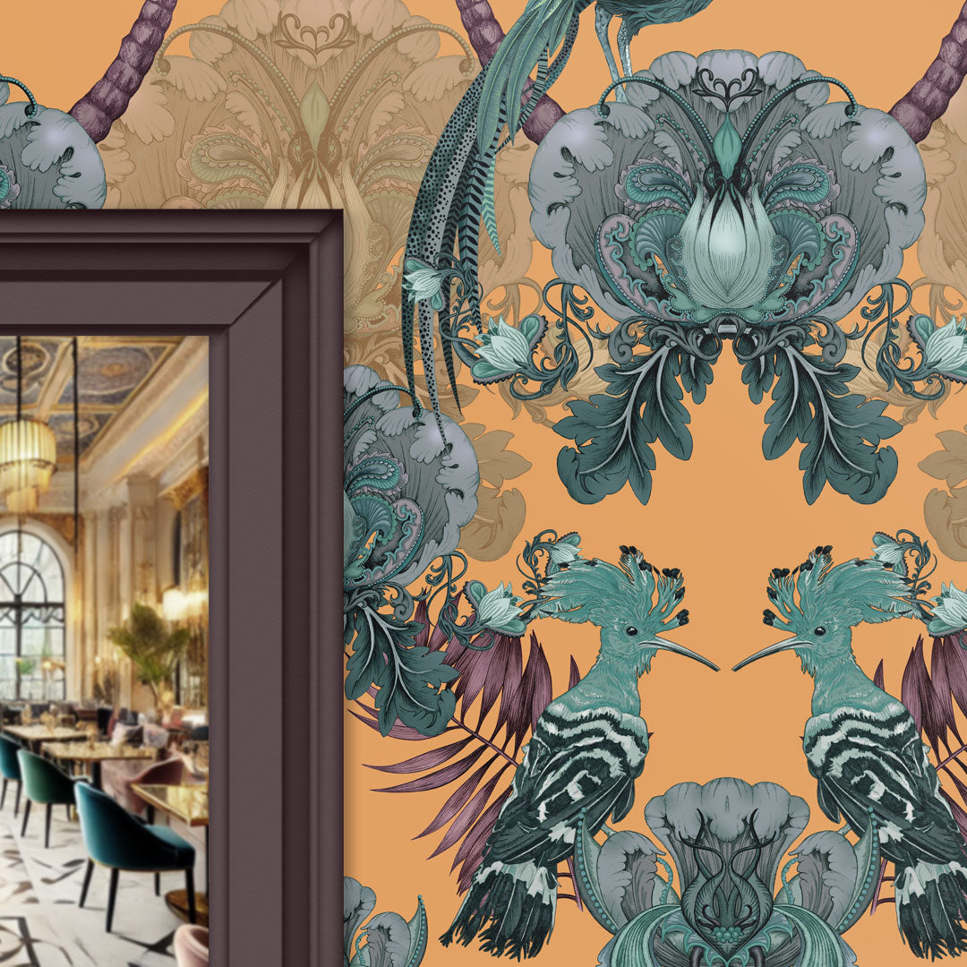 Bold Yellow Statement Wallpaper with English Birds for Luxury Interiors by Designer, Becca Who