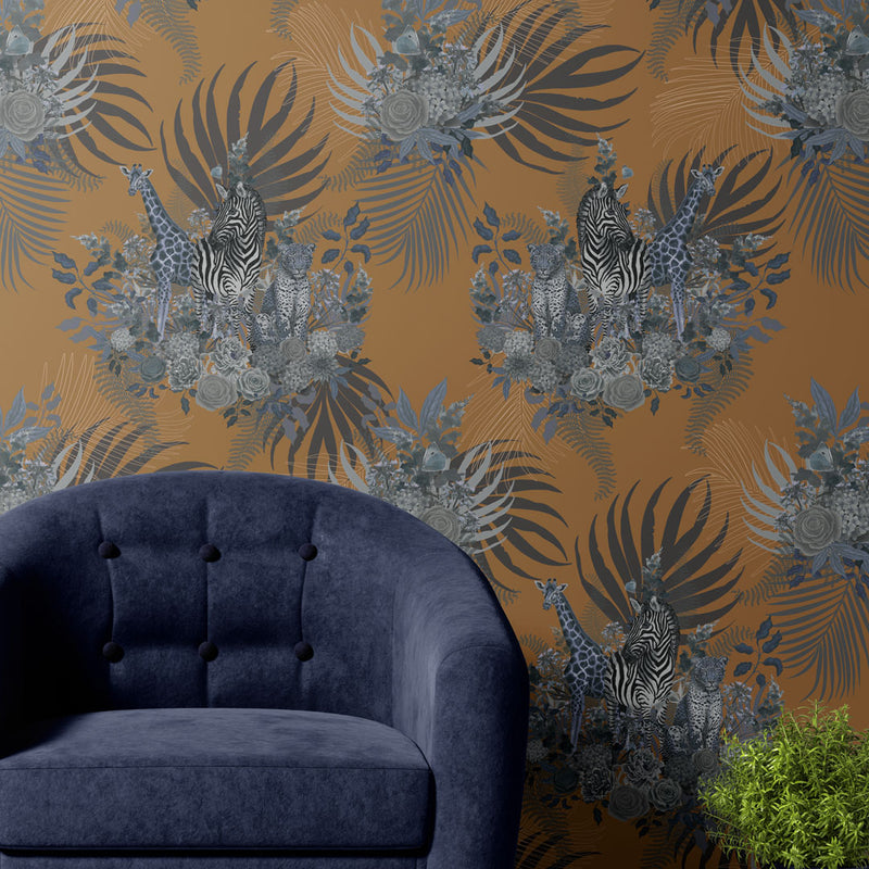 Bold Designer Living Room Wallpaper in Mustard featuring African Animals by Becca Who