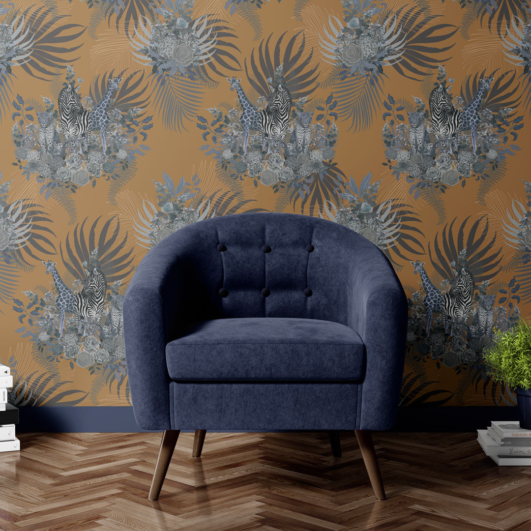 Bold Living Room Wallpaper in Mustard featuring African Animals by Designer, Becca Who