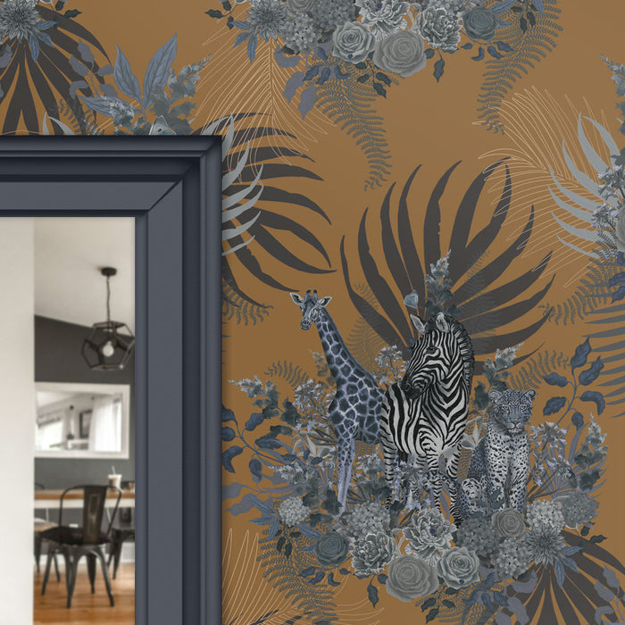 Bold Designer Wallpaper in Mustard featuring African Animals by Becca Who