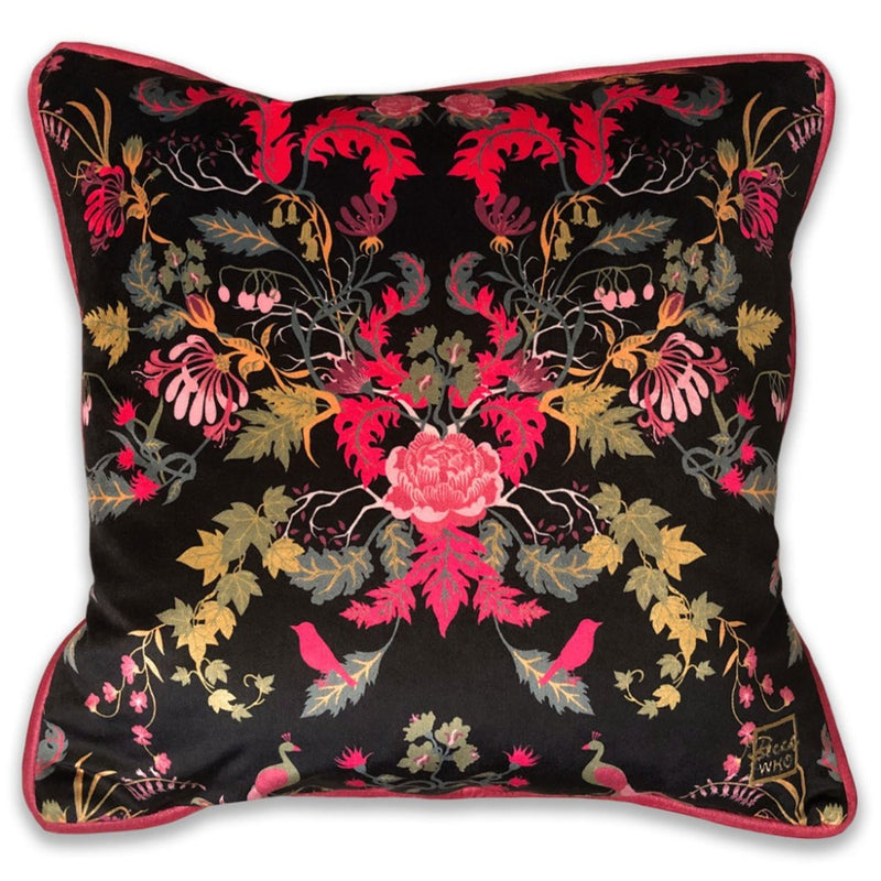 Dark Floral Velvet Designer Cushion in Black and Pink