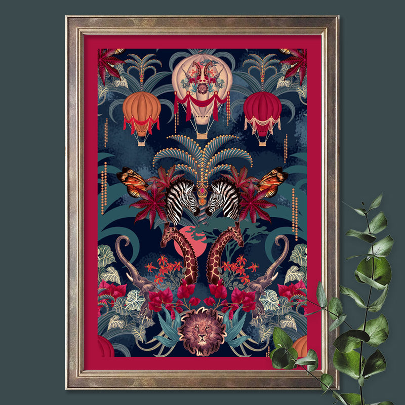 African Safari Animals Wall Art Print in Blue by Designer Becca Who