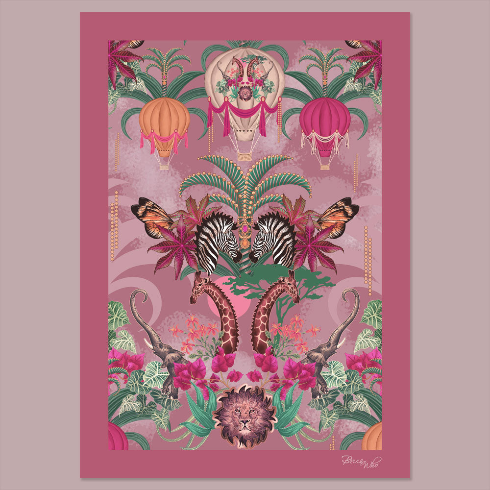 African Animals Wall Art Print in Pinks by Designer, Becca Who