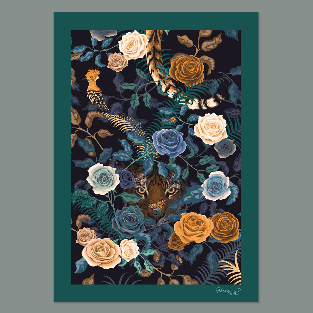 Bengal Rose Garden in Midnight Blue | Wall Art Print