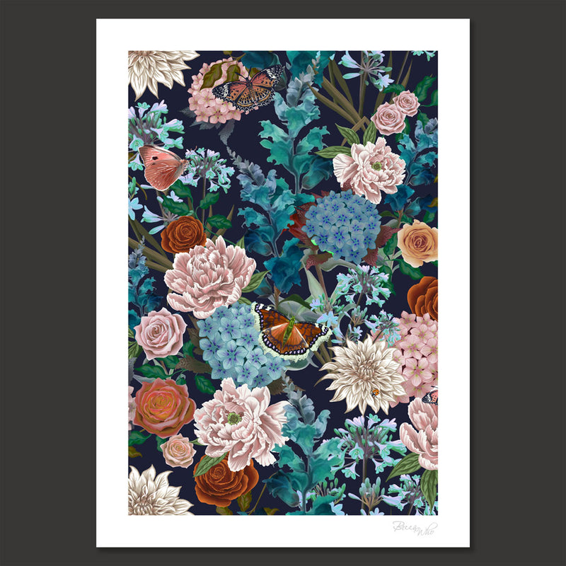 Flowerbed in Blue & Blush Pink | Wall Art Print