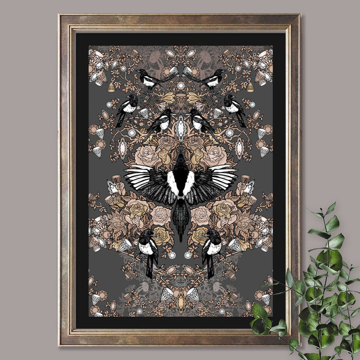 Magpie Love in Charcoal | Art Print