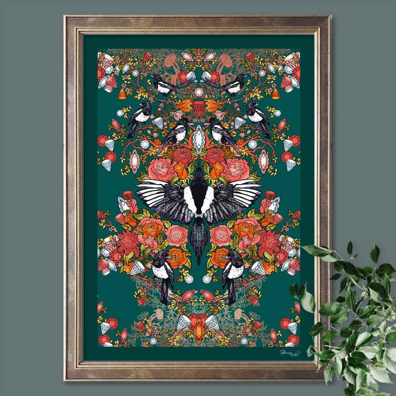 Magpie Love in Green | Art Print