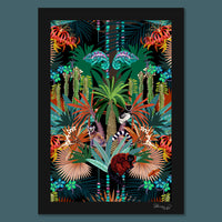 Colourful Madagascar Wall Art Print with Wildlife on Black by Designer Becca Who