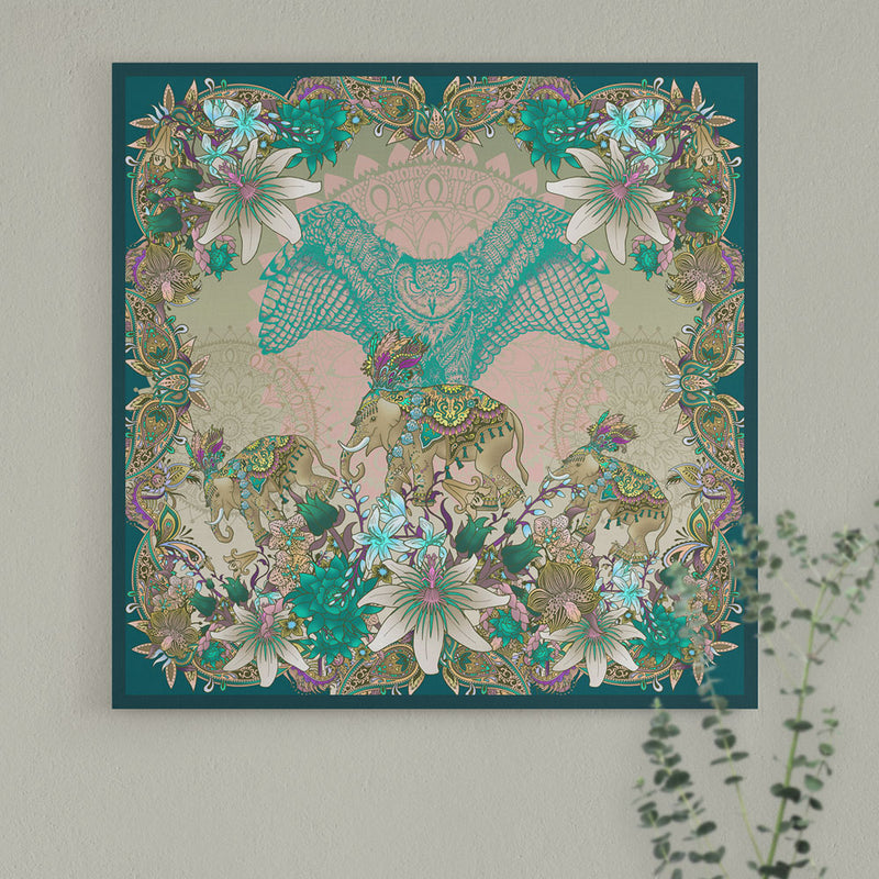 Becca Who Canvas Wall Art Print Elephants and Owl in Green Home decor Ideas
