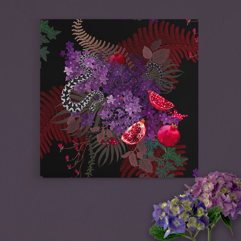 Becca Who Canvas Wall Art Print Snakes, Pomegranates and Floral in Purple and Black