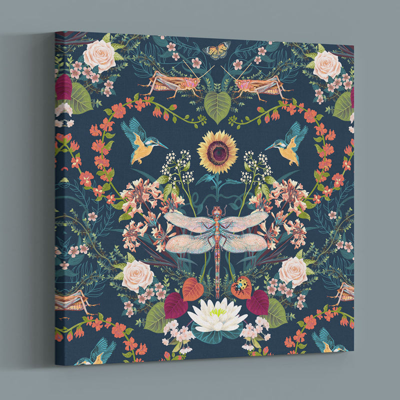 Becca Who Canvas Wall Art Print Dragonfly Floral on Navy Blue