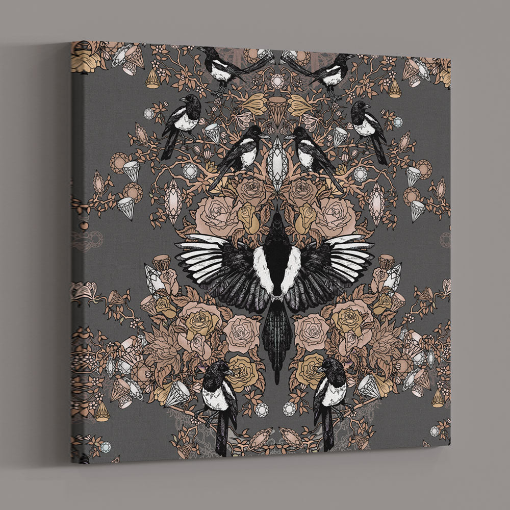 Becca Who Canvas Wall Art Print Magpies Floral on Charcoal