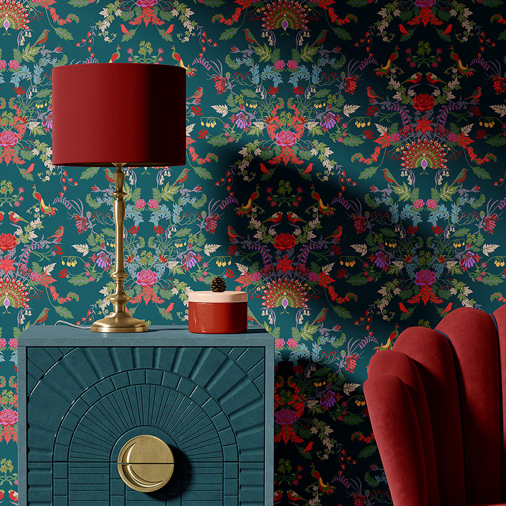 Aviana Teal Luxury Patterned Wallpaper for colourful home decor by Becca Who