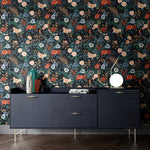 Inerior scene with Bengal Rose Garden designer wallpaper by Becca Who and dark blue sideboard