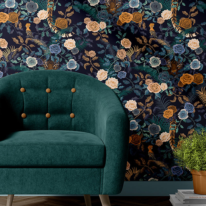 Dark Floral Wallpaper in Midnight Blue Bengal Rose by Becca Who