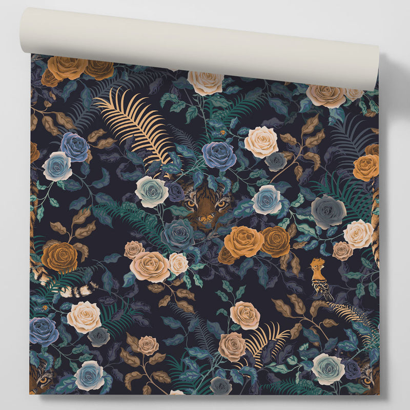 Bengal Rose Garden dark blue floral design wallpaper shown on roll