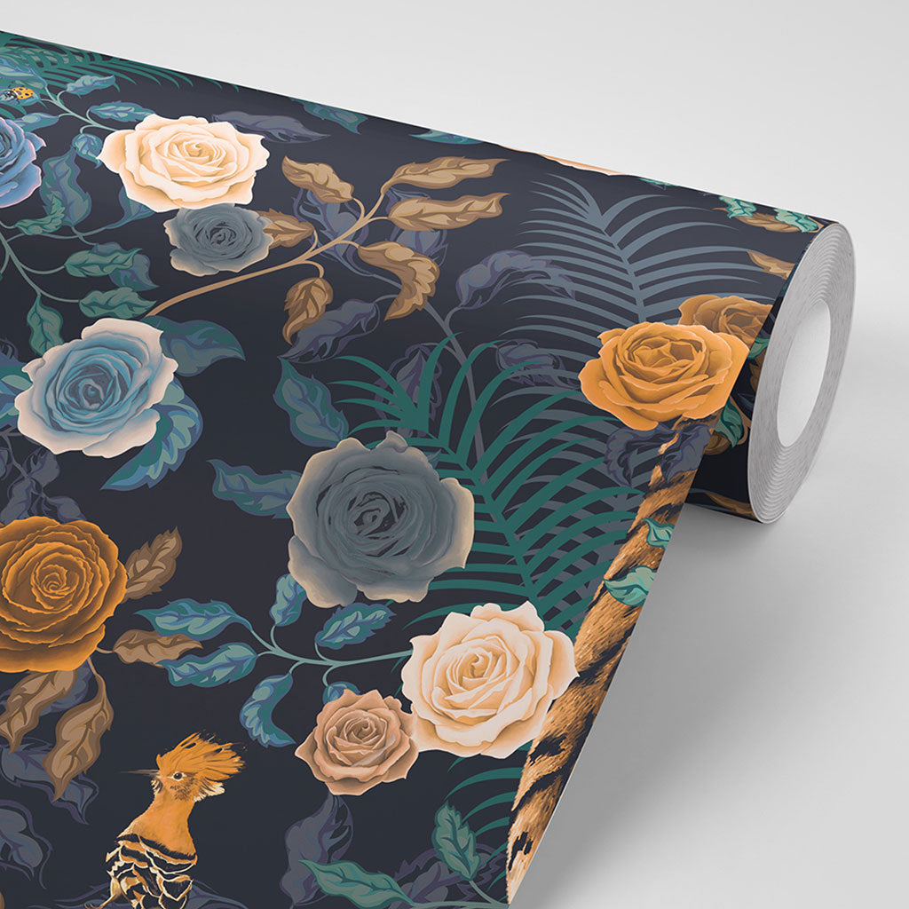 Luxury Dark Floral Wallpaper in Deep Blue & Mustard Bengal Rose by Becca Who