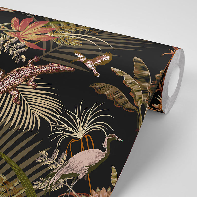Bold Patterned Wallpaper Crocodilia in Black, Gold & Earthy Tones by Designer, Becca Who