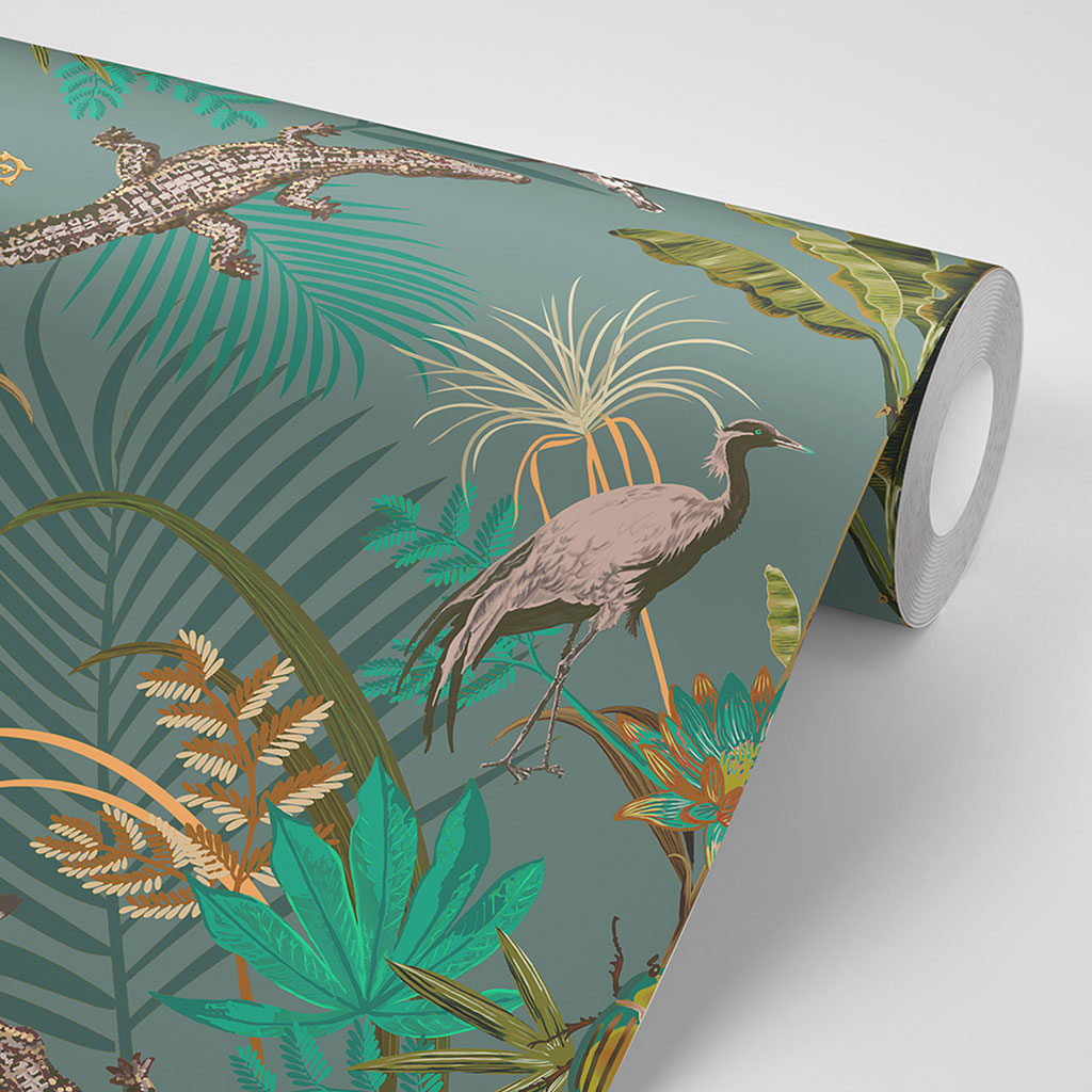 Bold Patterned Wallpaper Crocodilia in Teal Blue Green by Becca Who