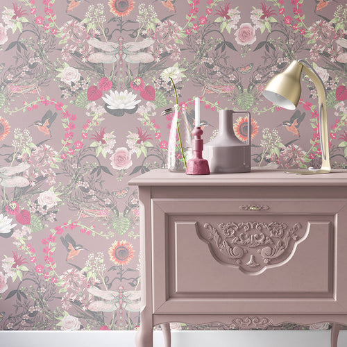 English Country Floral Wallpaper Garden Treasures in Dusty Rose by Becca Who
