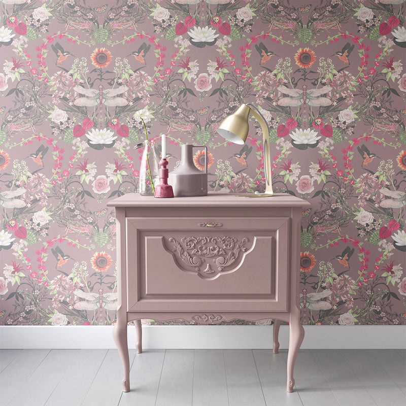 Garden Treasures in Dusty Rose | English Country Floral Wallpaper