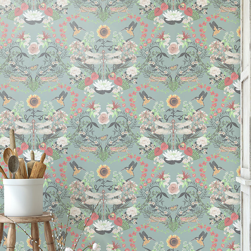 English Country Floral Wallpaper in Mint Green by Designer, Becca Who