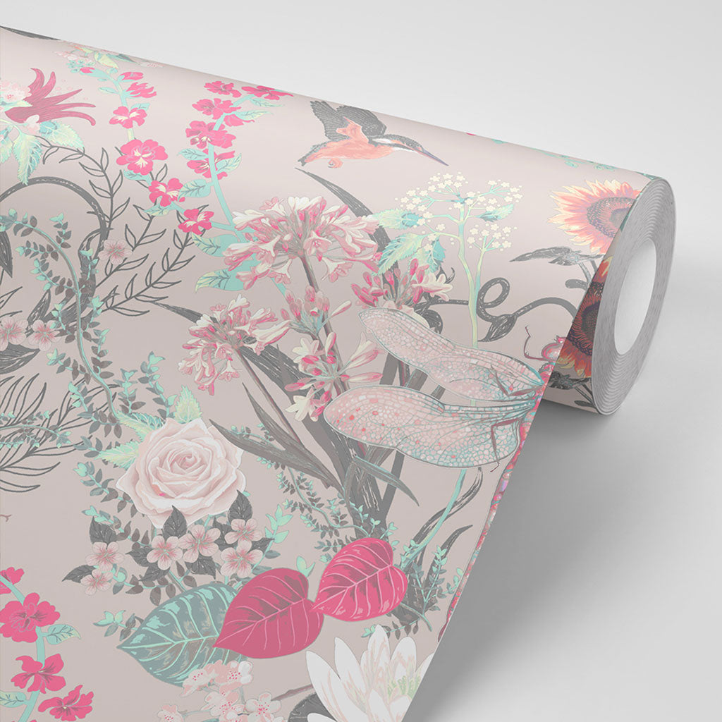 Garden Treasures English Country Floral Wallpaper in soft Pink by Becca Who