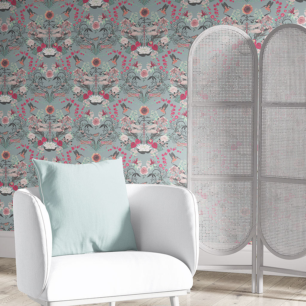 Powder Blue Country Floral Wallpaper Garden Treasures design by Becca Who