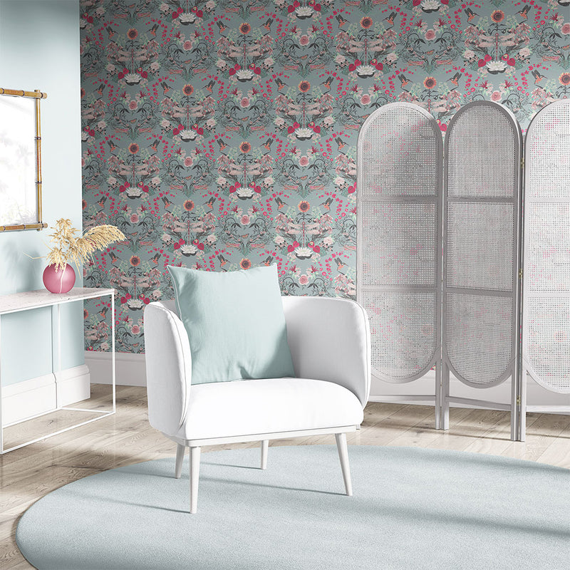 Garden Treasures in Powder Blue | Country Floral Wallpaper