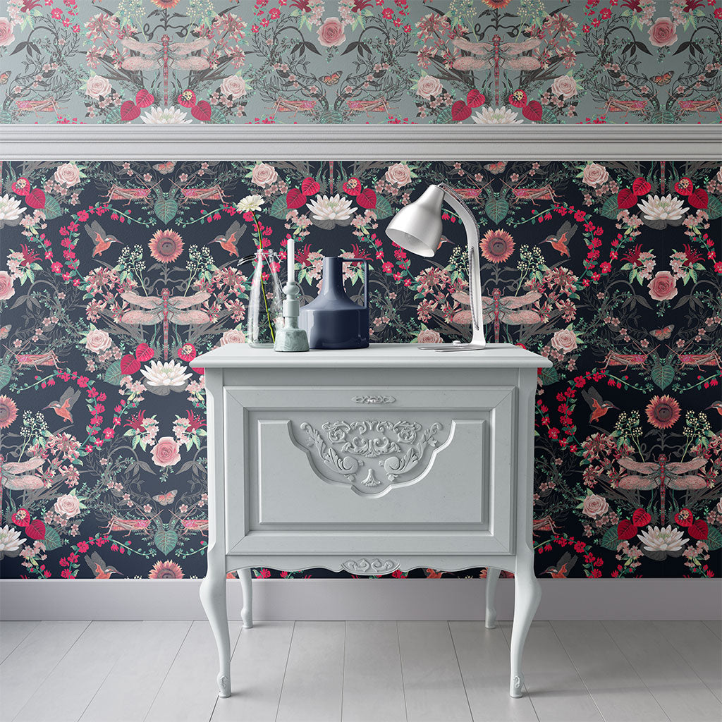 Coordinating Wallpaper Floral Patterned Luxury Blue Wallcoverings by Becca Who
