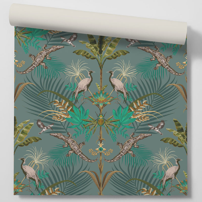 Crocodilia in River Teal | Bold Patterned Wallpaper