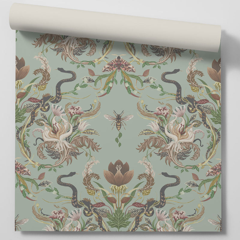 Serpentwined in Pale Moss Green | Luxury Designer Wallpaper