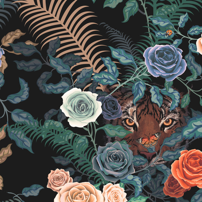 Detail of Bengal Rose Garden Wallpaper by Becca Who with dark floral and tiger