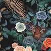 Detail from Bengal Rose Garden Wallpaper in colour way fierce by Becca Who showing Tiger face amongst Roses pattern
