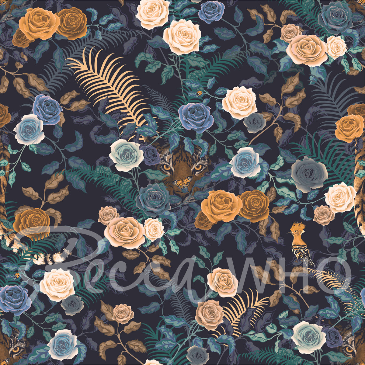 Full artwork of Bengal Rose Garden dark floral wallpaper by Becca Who